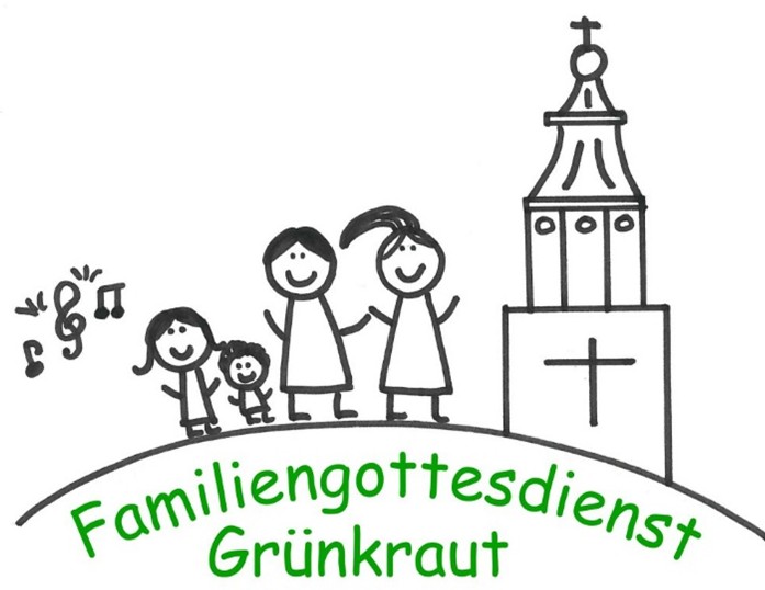 Logo-Familiengottesdienst Grünkraut. Familie vor Grünkrauter Kirche