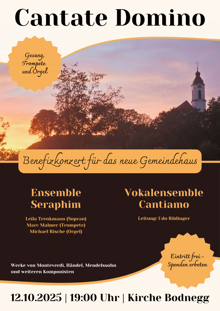 Einladung Chorkonzert mit den Daten und der Kirche in Bodnegg in der Abenddämmerung