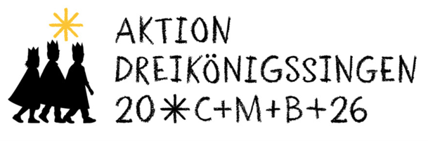 Logo Sternsinger 2026. Drei Sternsinger mit der Aufschrift 20*C+M+B+26