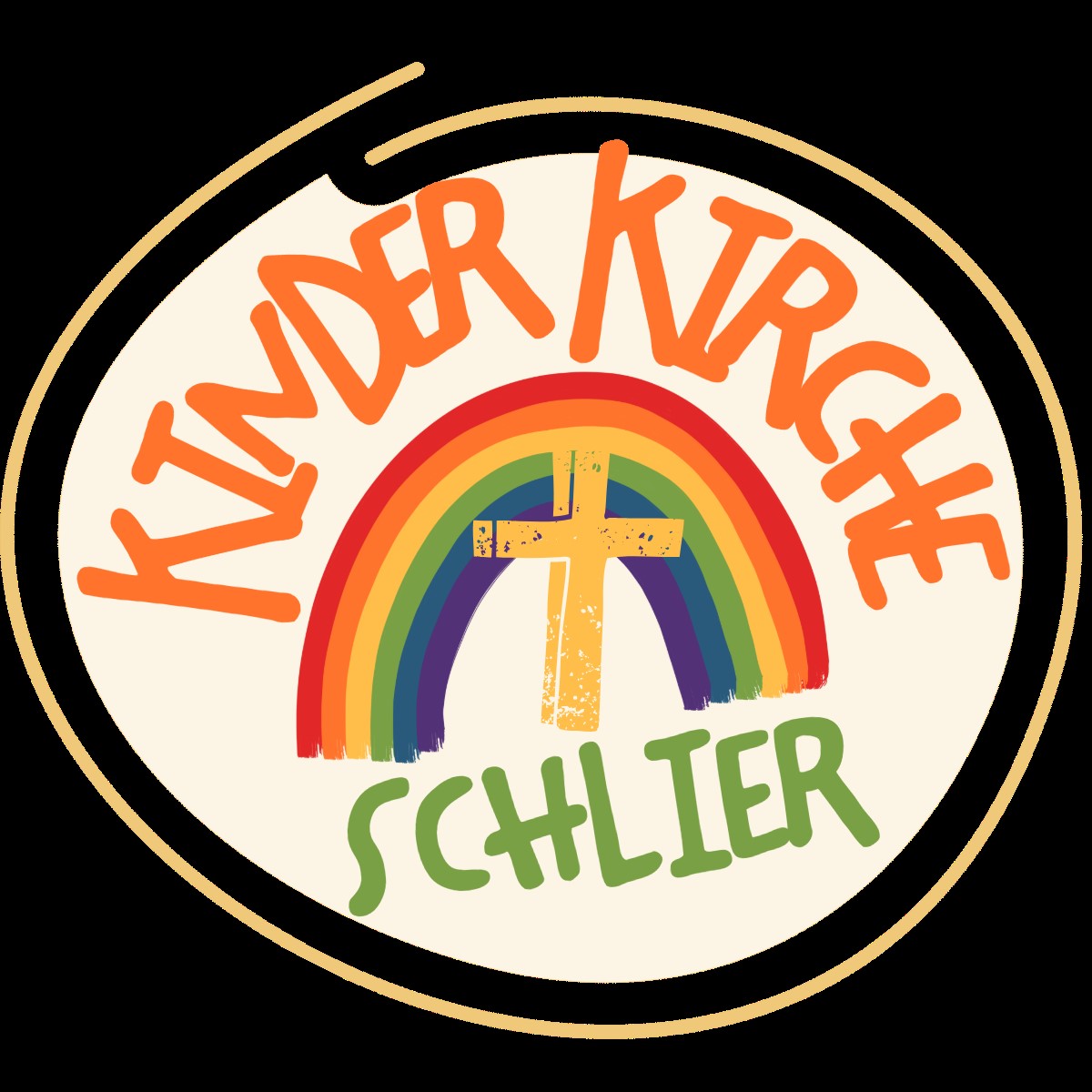 rundes Logo Kinderkirche mit Regenbogen u. gelbem Kreuz in der Mitte